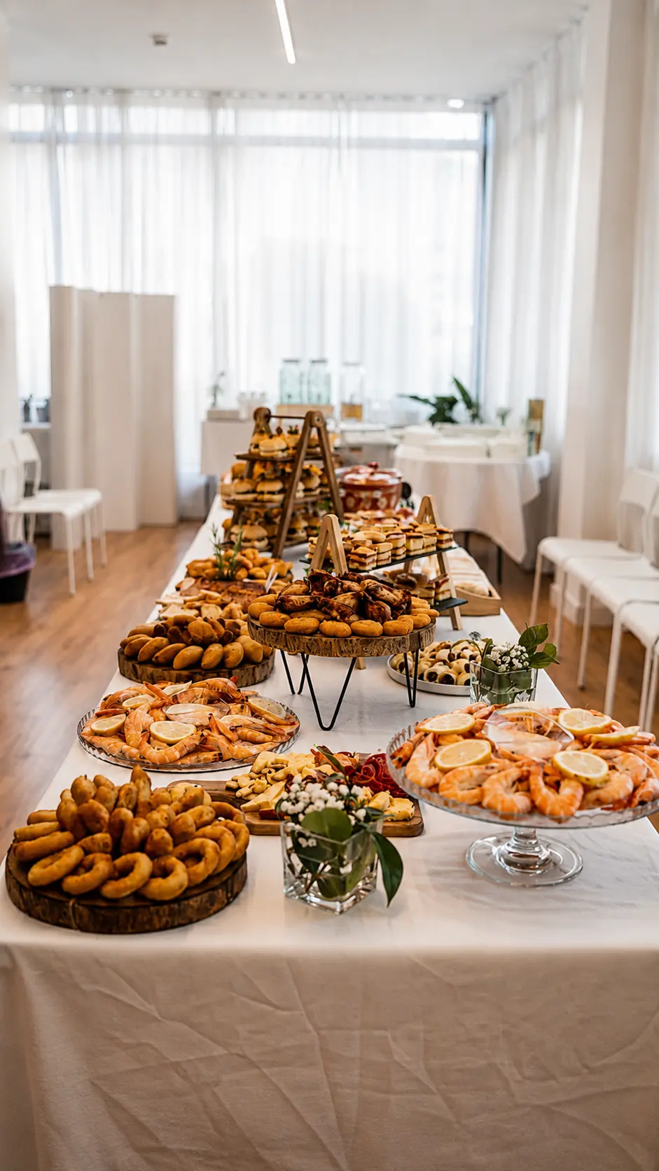 Mesa comprida de buffet com salgados, marisco e doces, junto a janelas com cortinados brancos