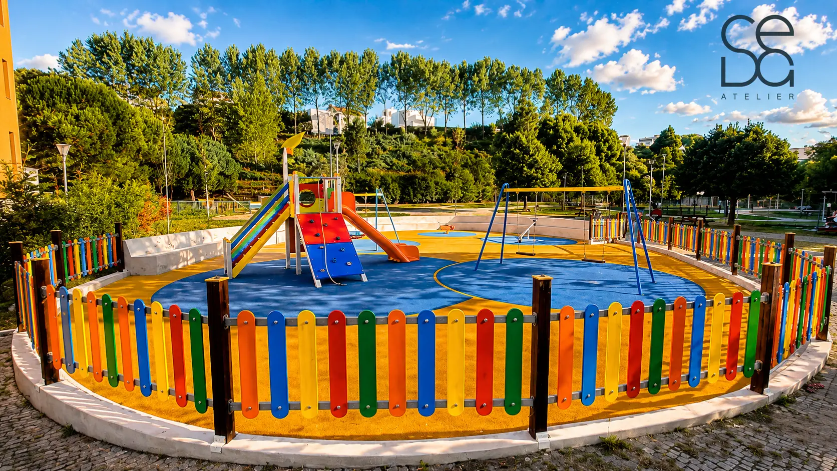 Parque infantil colorido junto ao espaço, com escorrega, balanços e vedação em cores