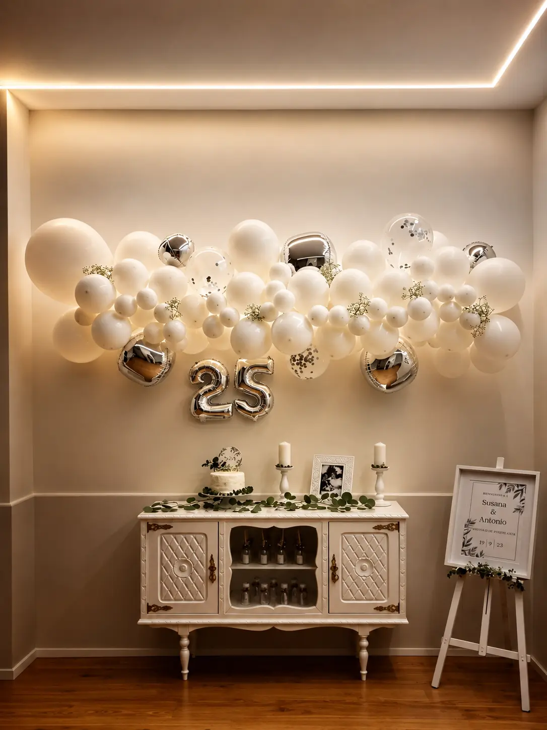 Detalhe do cenário de bodas de prata com balões número 25, bolo e velas sobre aparador
