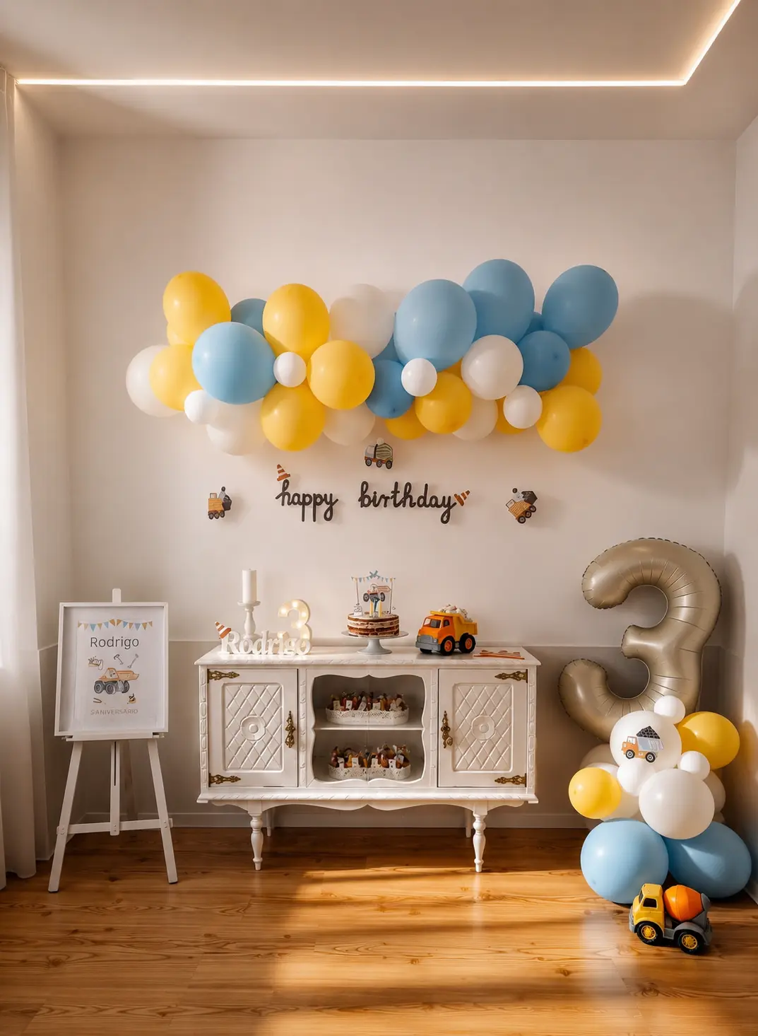 Decoração de aniversário infantil com balões azuis e amarelos, tema de obras e balão número 3