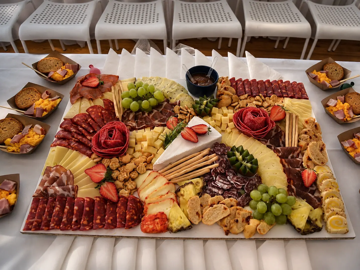 Tábua de charcutaria e queijos com frutas, frutos secos e tostas